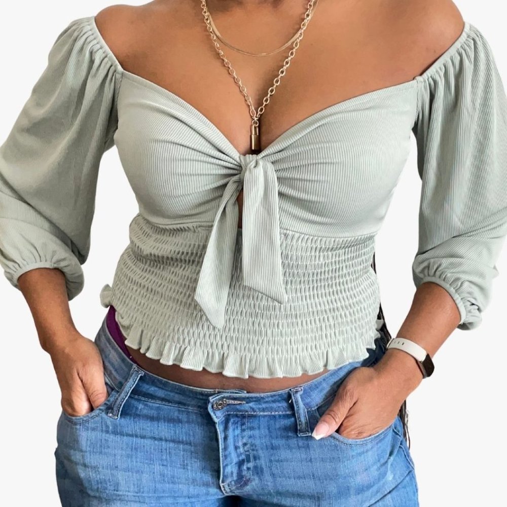 (NWT) Smocked Keyhole Off-Shoulder Top - Sage